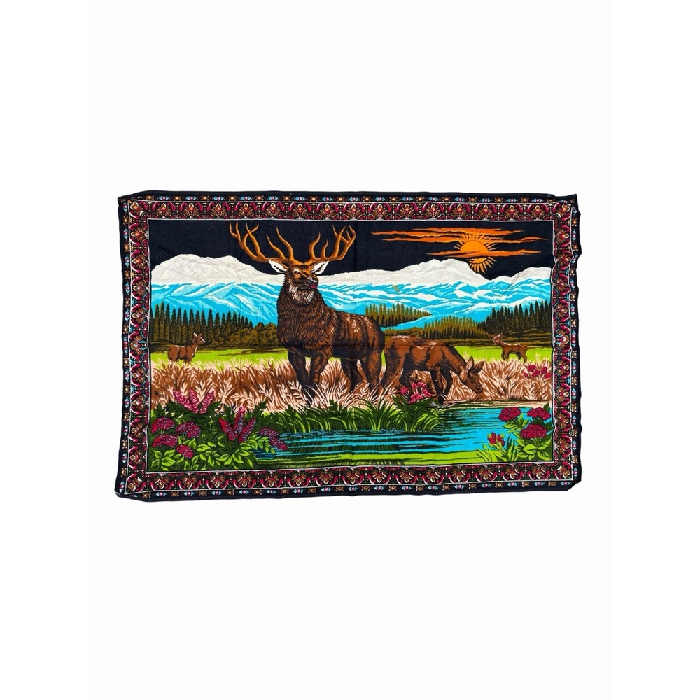 Vintage Elk Deer Wildlife Felted Throw Wall Decor Mountain Cabin Lodge 57x37
